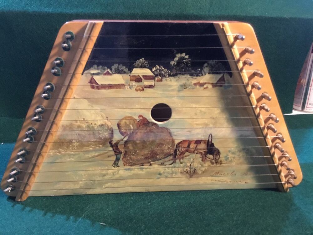 Vintage Russian Zither Hand Painted Lap Harp, Musical Instrument Artist Signed
